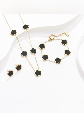 Gold Black Clover Pendant Necklace, Bracelet & Earring Set - Women Jewelry